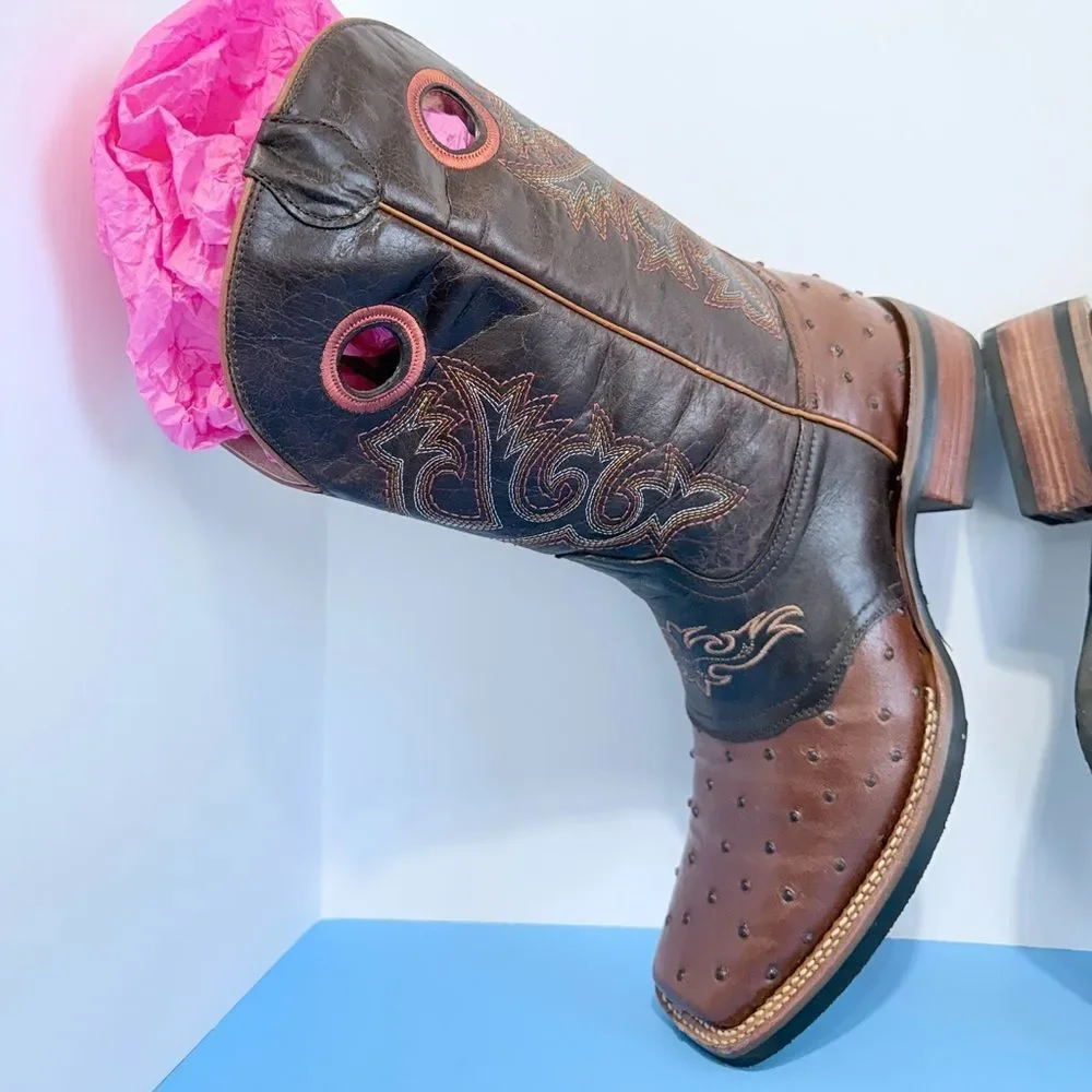 JNV Western Wear Men’s Leather Square Toe Ostrich Print Rodeo Boots Size 11